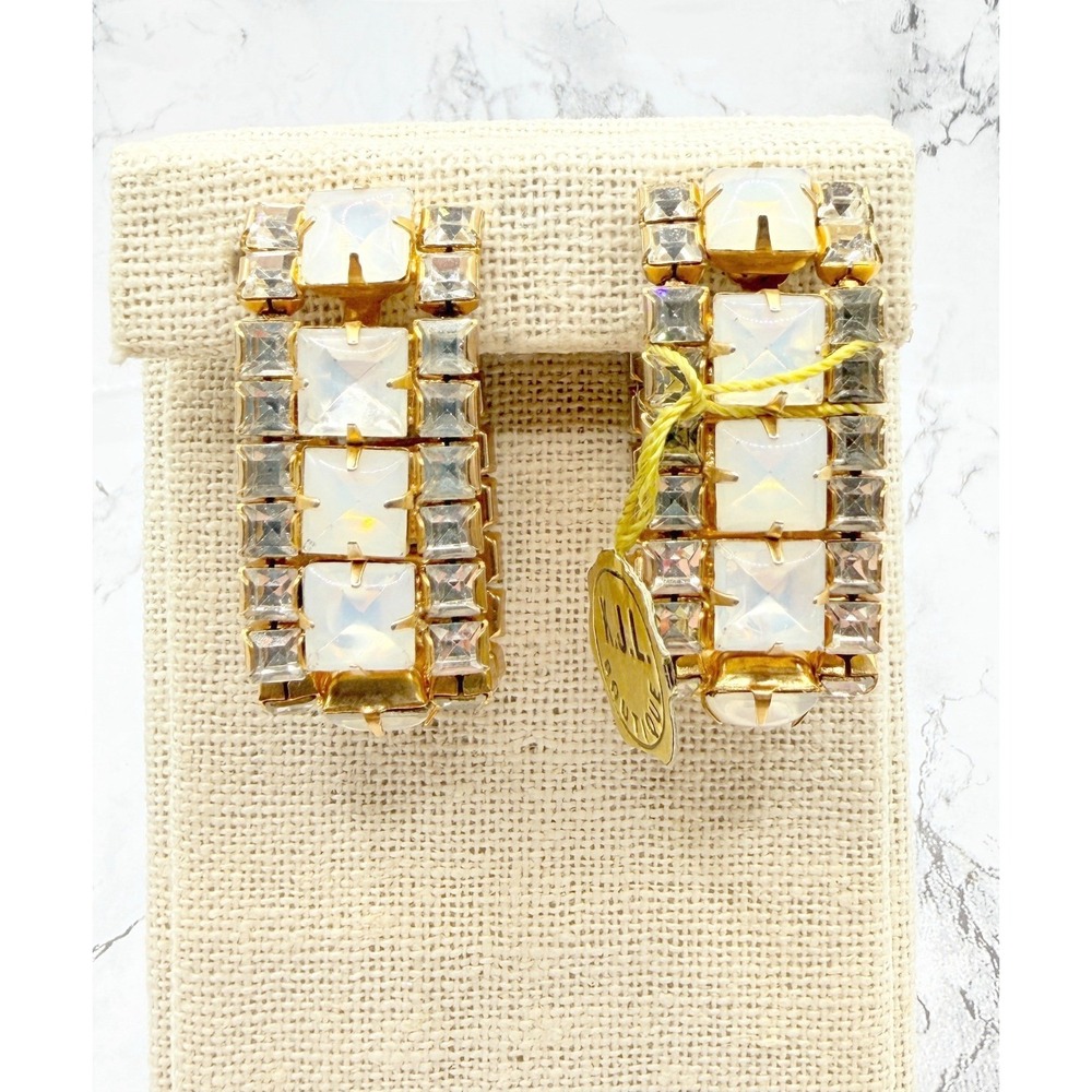 KJL Boutique Clip-On Earrings Gold Tone Glass Stones 2" New With Tags
